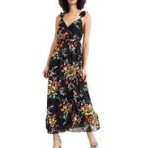 Madewell Ruffle-Strap Wrap Midi Black Sun Dress in Black Orchid Bouquet Size 12